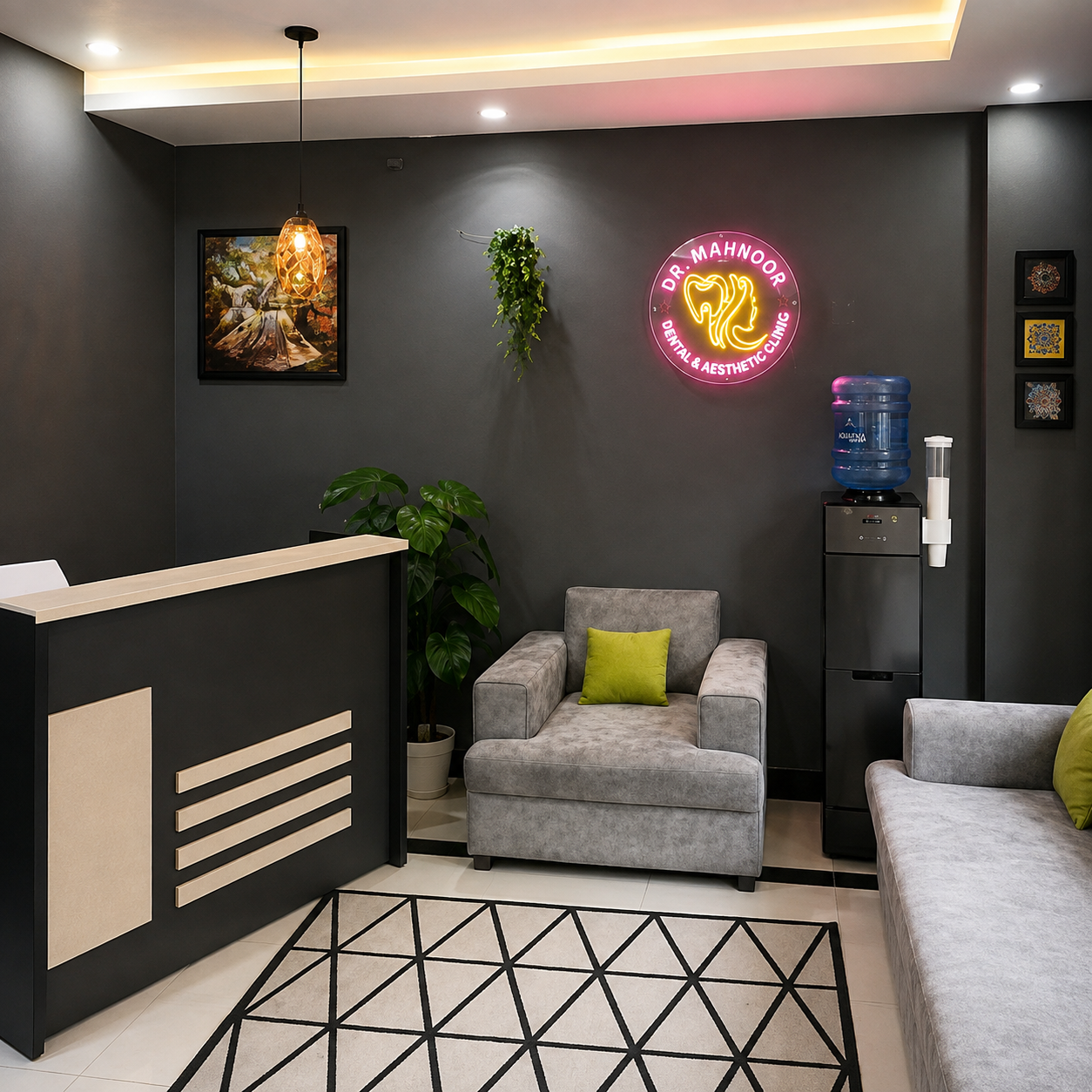 Reception area at Dr. Mahnoor Dental & Aesthetic Clinic in DHA Phase II, Islamabad